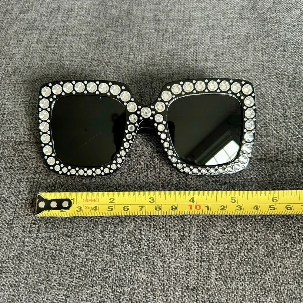 Sparkly, Fluted Rhinestone Rimmed Sunglasses, Black, Silver
